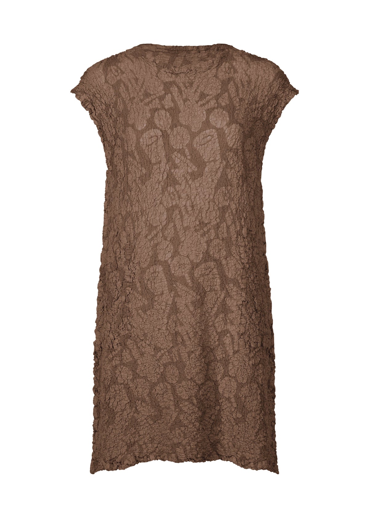 The SURPRISE BOX PRINT CAULIFLOWER tunic by me ISSEY MIYAKE is a sleeveless, loose-fit brown cotton dress with textured crinkled fabric, subtle abstract pigment prints, a round neckline, and a relaxed silhouette. view 3 of 7