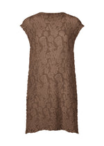 The SURPRISE BOX PRINT CAULIFLOWER tunic by me ISSEY MIYAKE is a sleeveless, loose-fit brown cotton dress with textured crinkled fabric, subtle abstract pigment prints, a round neckline, and a relaxed silhouette. - BROWN-HUED （no.49）