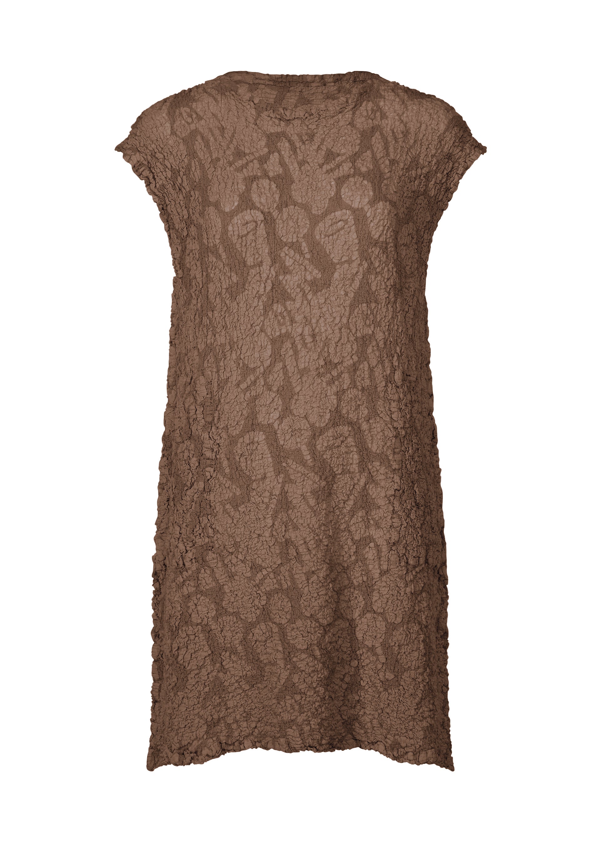 Zoomed view The SURPRISE BOX PRINT CAULIFLOWER tunic by me ISSEY MIYAKE is a sleeveless, loose-fit brown cotton dress with textured crinkled fabric, subtle abstract pigment prints, a round neckline, and a relaxed silhouette. - BROWN-HUED （no.49）