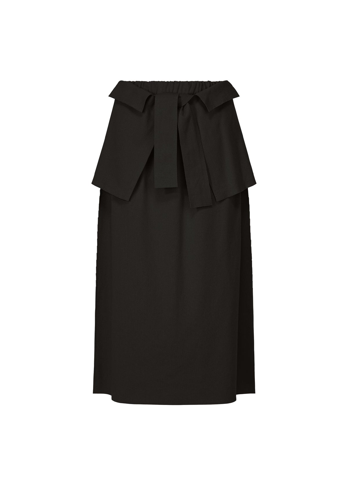 The FLAT JERSEY skirt by me ISSEY MIYAKE is a black, knee-length cotton-blend piece with a high waist, wide layered waistband, and a long flat front bow. Its sleek, minimalist style offers versatile wear. view 1 of 8