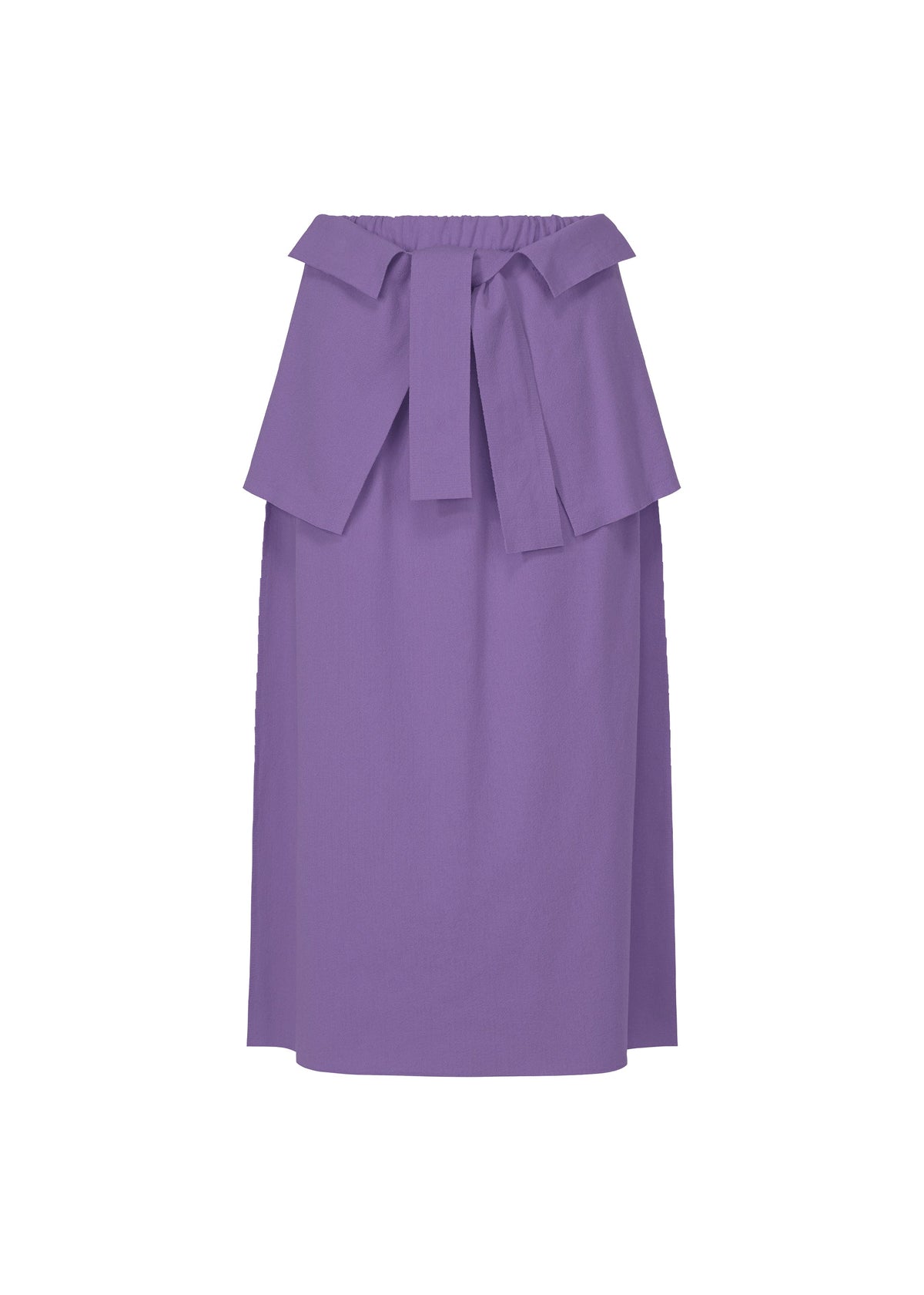 The FLAT JERSEY dress by me ISSEY MIYAKE is a knee-length, sleeveless lavender piece with a wide ruffled top band, front tie detail, and seamless skirt, shown against a plain white background. view 3 of 8