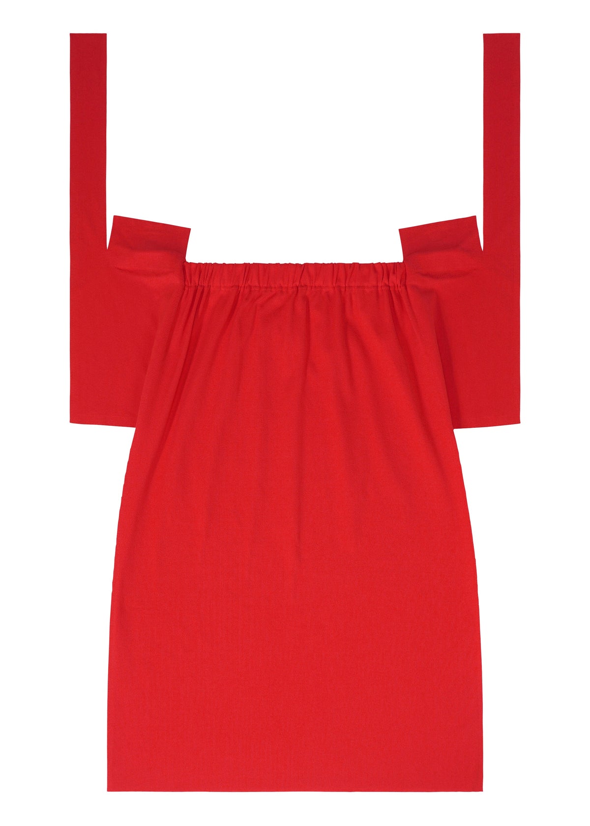 The FLAT JERSEY dress by me ISSEY MIYAKE is a bright red, off-the-shoulder style with an elasticized neckline and wide shoulder straps. Its seamless skirt and modern, simple design offer a polished look when laid flat. view 5 of 8