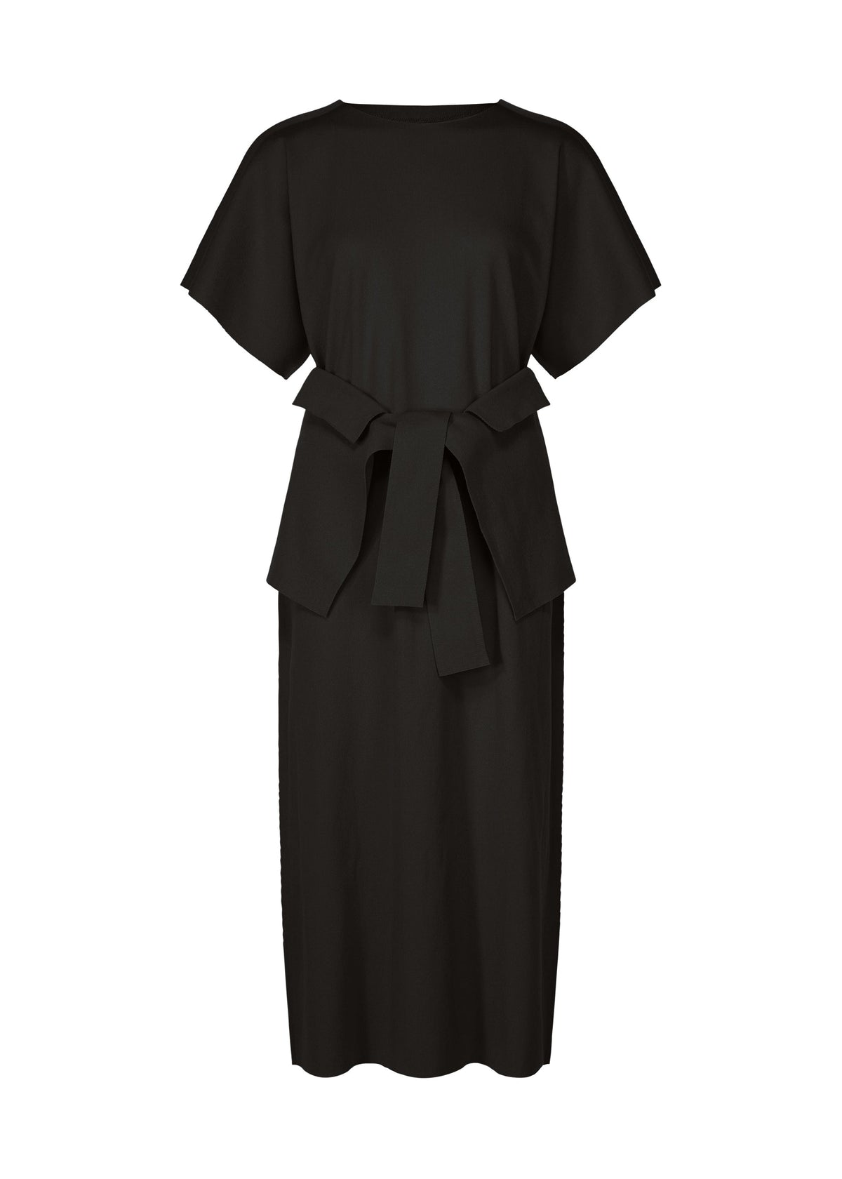The FLAT JERSEY dress by me ISSEY MIYAKE is a black, short-sleeved cotton-blend midi with a loose fit and a wide fabric belt tied in a bow at the waist, garment dyed for deep, lasting color. view 1 of 8