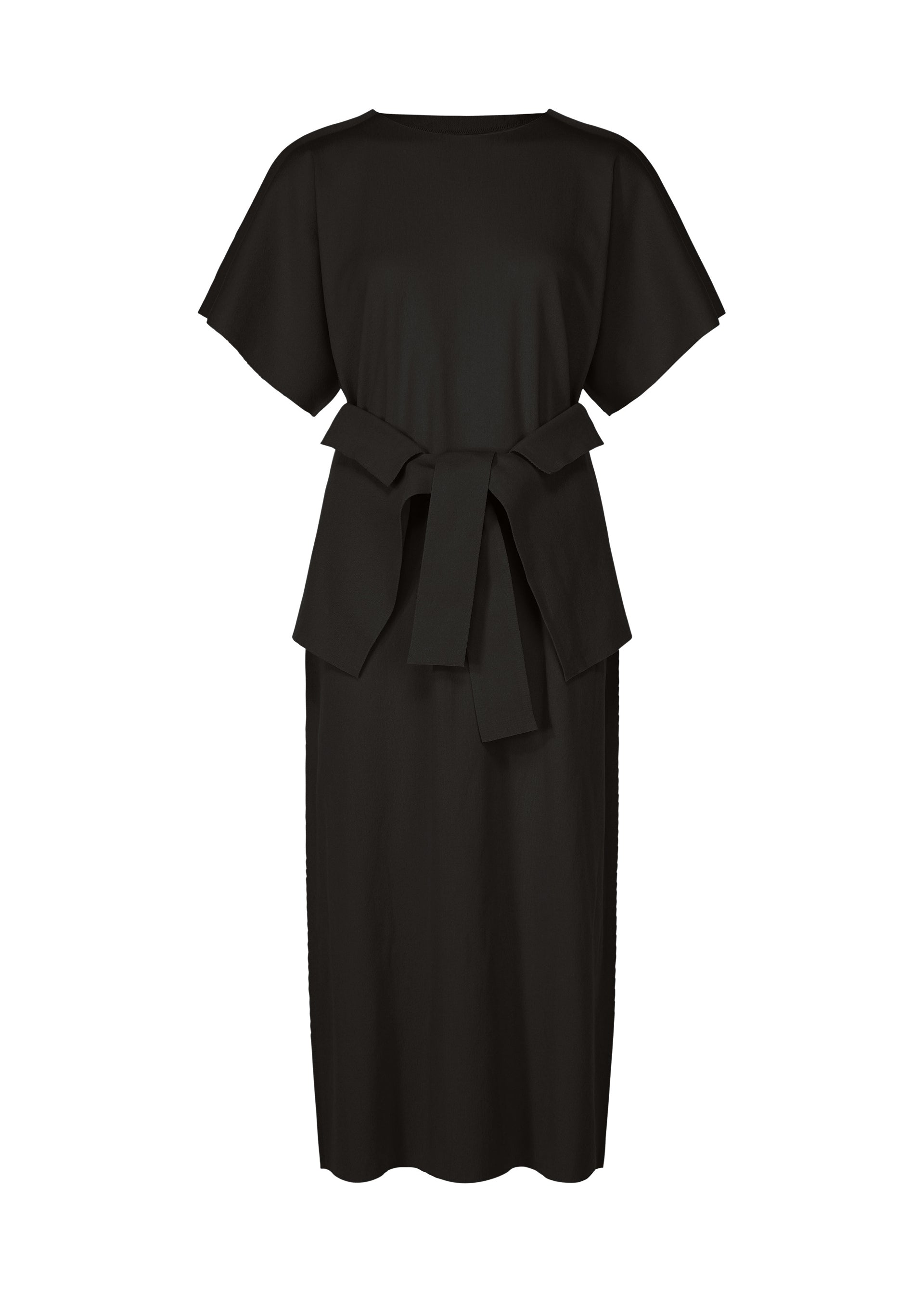 Zoomed view The FLAT JERSEY dress by me ISSEY MIYAKE is a black, short-sleeved cotton-blend midi with a loose fit and a wide fabric belt tied in a bow at the waist, garment dyed for deep, lasting color. - BLACK （no.15）