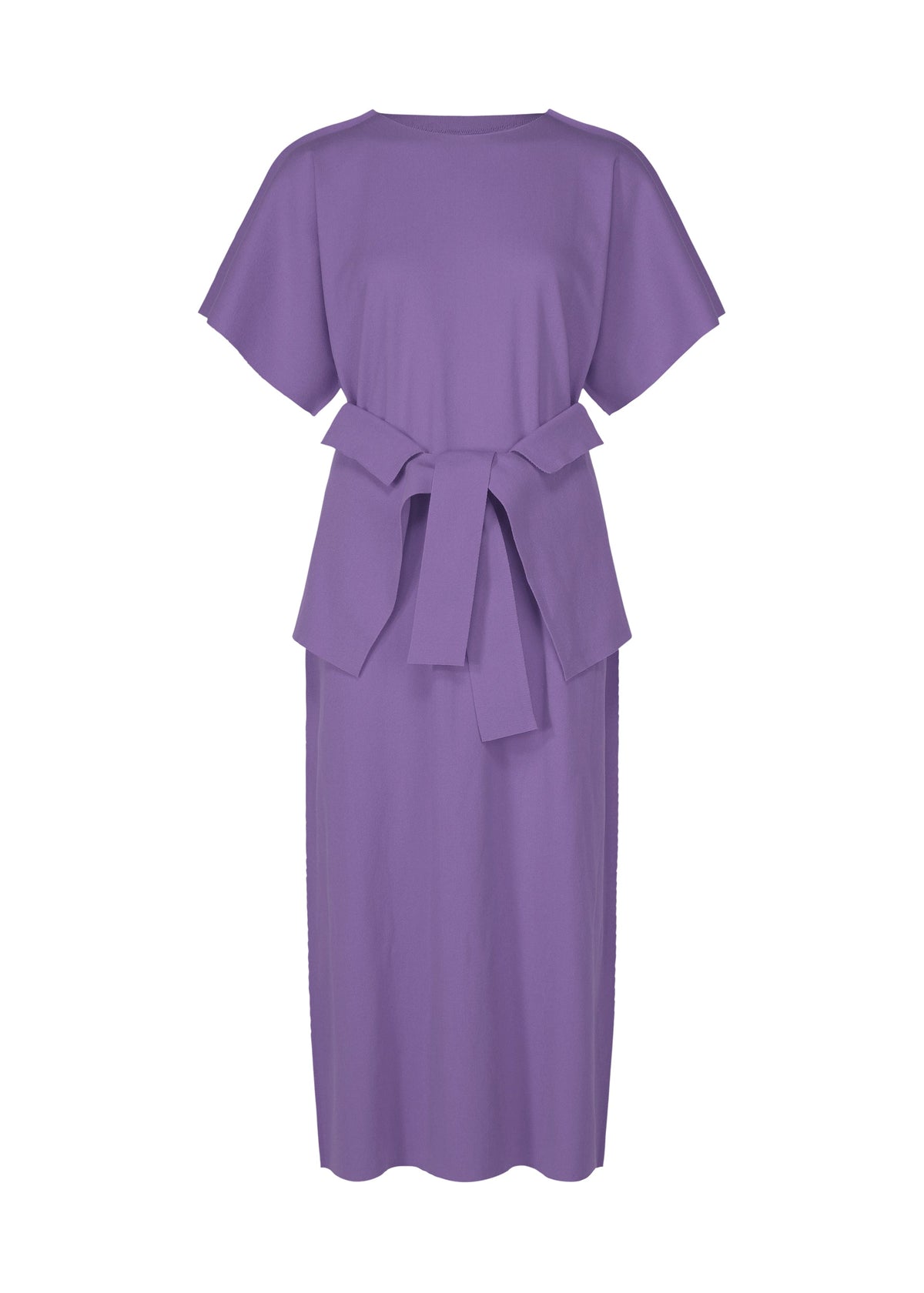 The FLAT JERSEY dress by me ISSEY MIYAKE is a knee-length, short-sleeve lavender cotton-blend piece with a round neckline and wide fabric belt. Its garment-dyed finish gives it a simple, elegant, and modern look. view 3 of 8