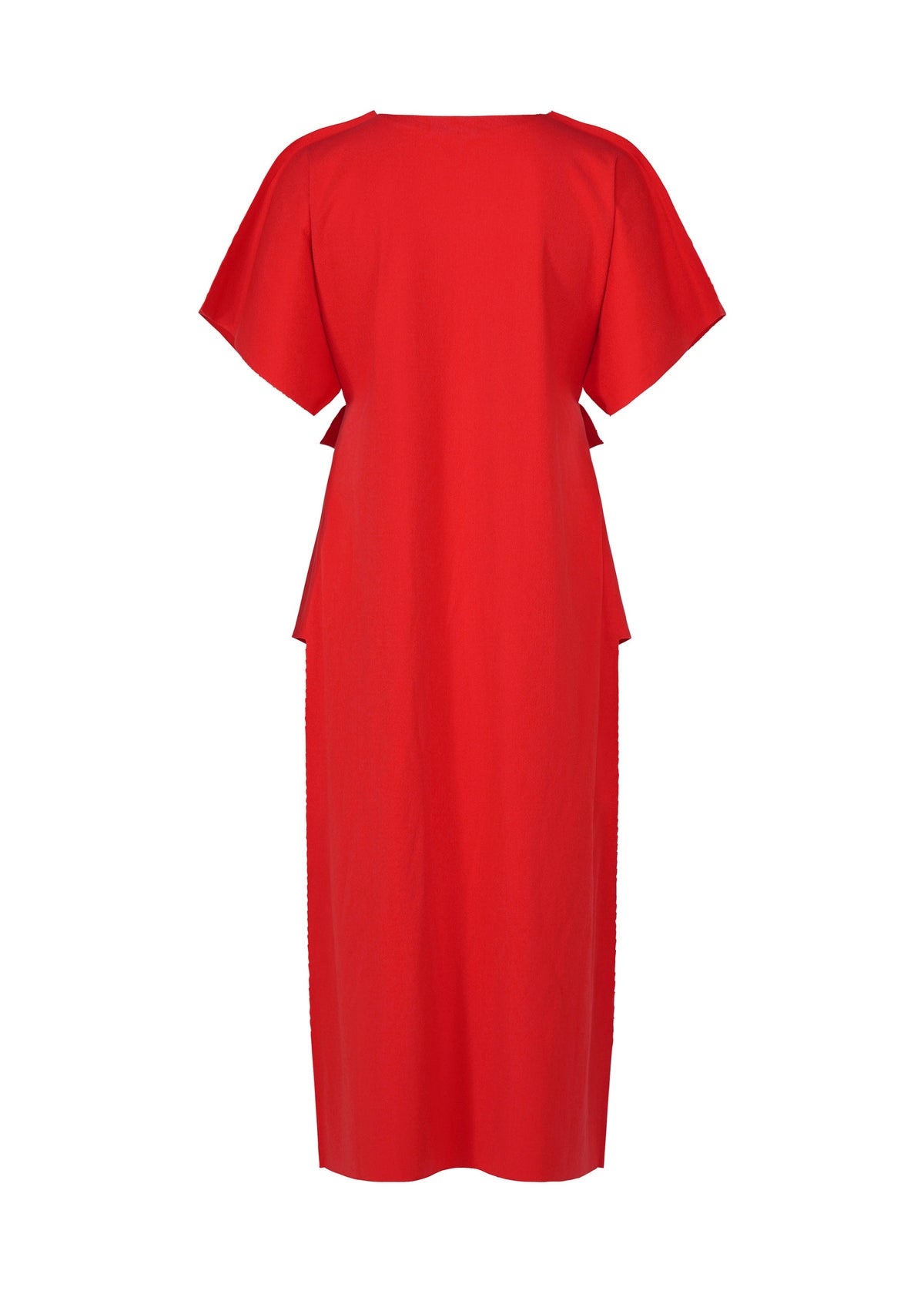The FLAT JERSEY by me ISSEY MIYAKE is a bright red, short-sleeved, calf-length cotton-blend dress with a straight silhouette and side waist cut-outs, shown against a white background. view 4 of 8