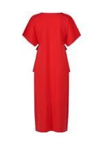 The FLAT JERSEY by me ISSEY MIYAKE is a bright red, short-sleeved, calf-length cotton-blend dress with a straight silhouette and side waist cut-outs, shown against a white background.