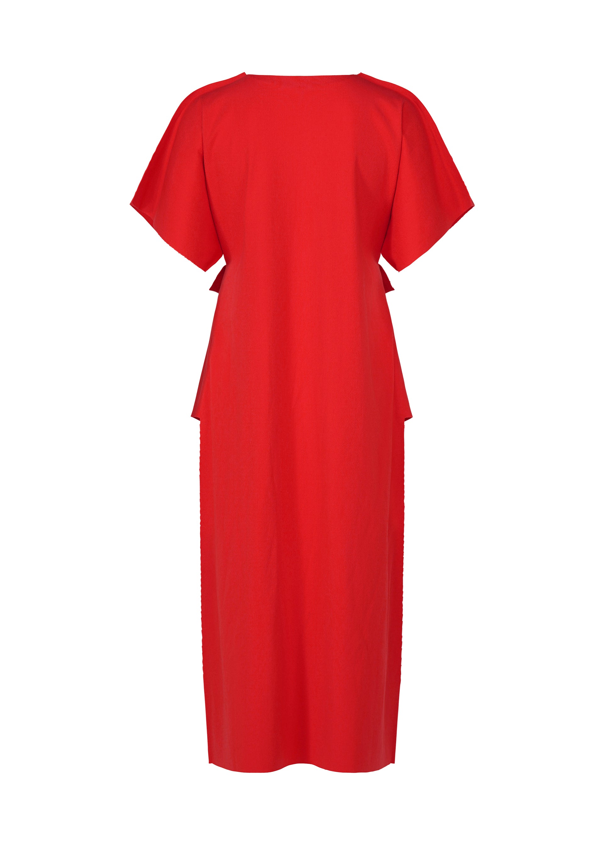 Zoomed view The FLAT JERSEY by me ISSEY MIYAKE is a bright red, short-sleeved, calf-length cotton-blend dress with a straight silhouette and side waist cut-outs, shown against a white background.