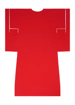 The FLAT JERSEY dress by me ISSEY MIYAKE is a bright red, cotton-blend piece with kimono-inspired shape, geometric lines, and white shoulder and sleeve seams, shown on a plain white background.