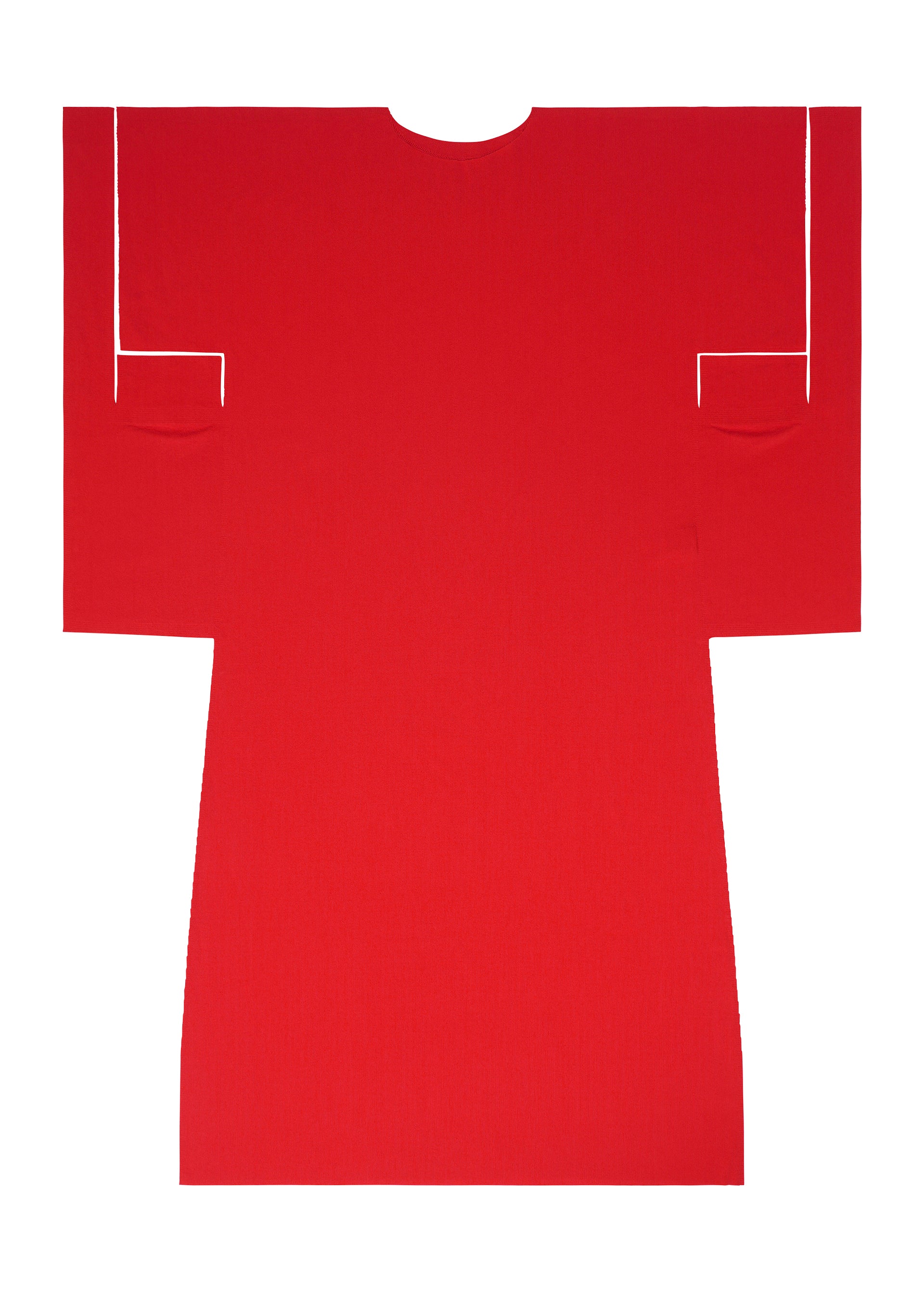 Zoomed view The FLAT JERSEY dress by me ISSEY MIYAKE is a bright red, cotton-blend piece with kimono-inspired shape, geometric lines, and white shoulder and sleeve seams, shown on a plain white background.