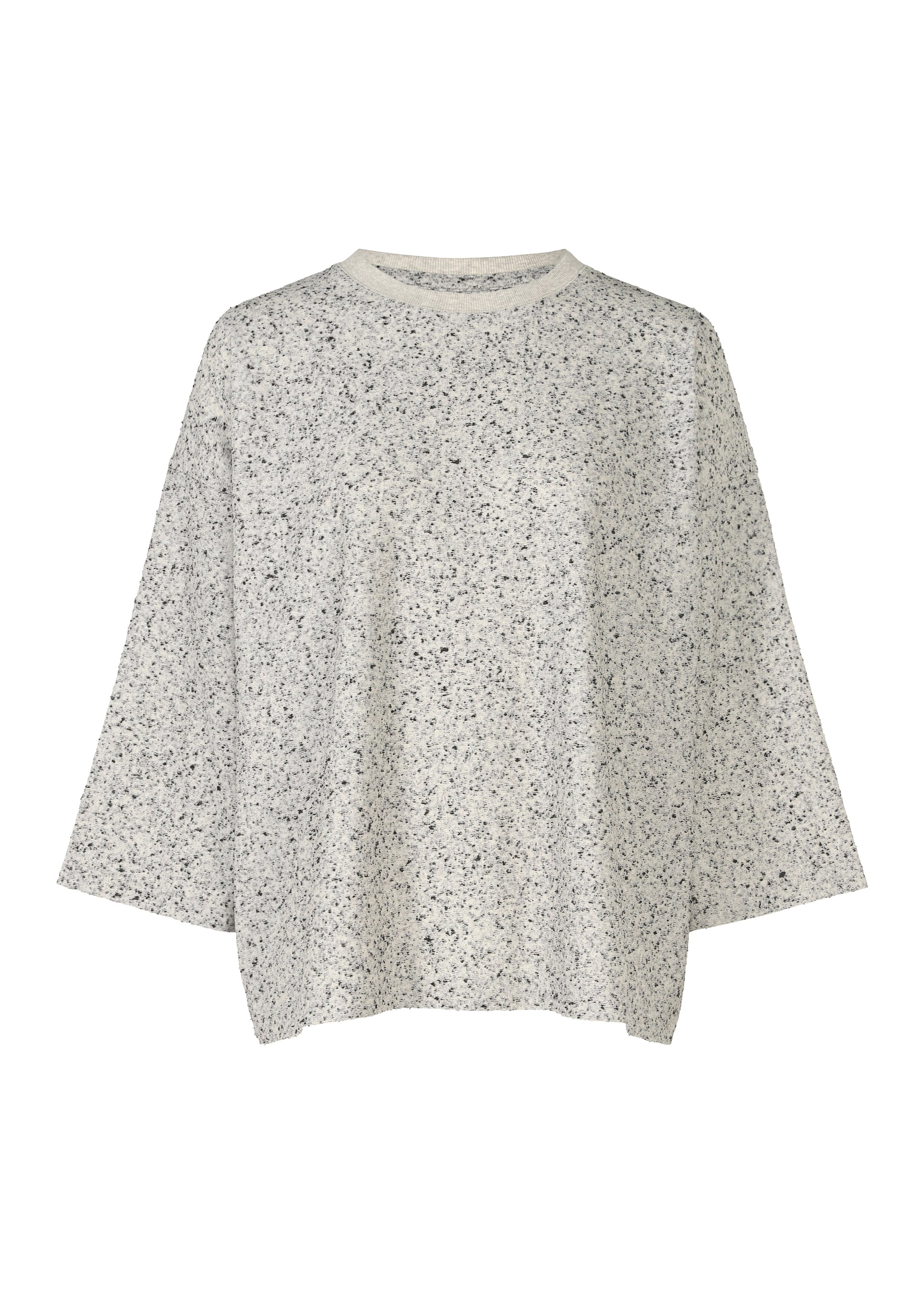 Zoomed view The REmeTEX NEP JERSEY by me ISSEY MIYAKE is a loose-fitting, long-sleeved top in speckled gray with a round neckline, made from recycled polyester and shown against a white background. - WHITE-HUED （no.09）