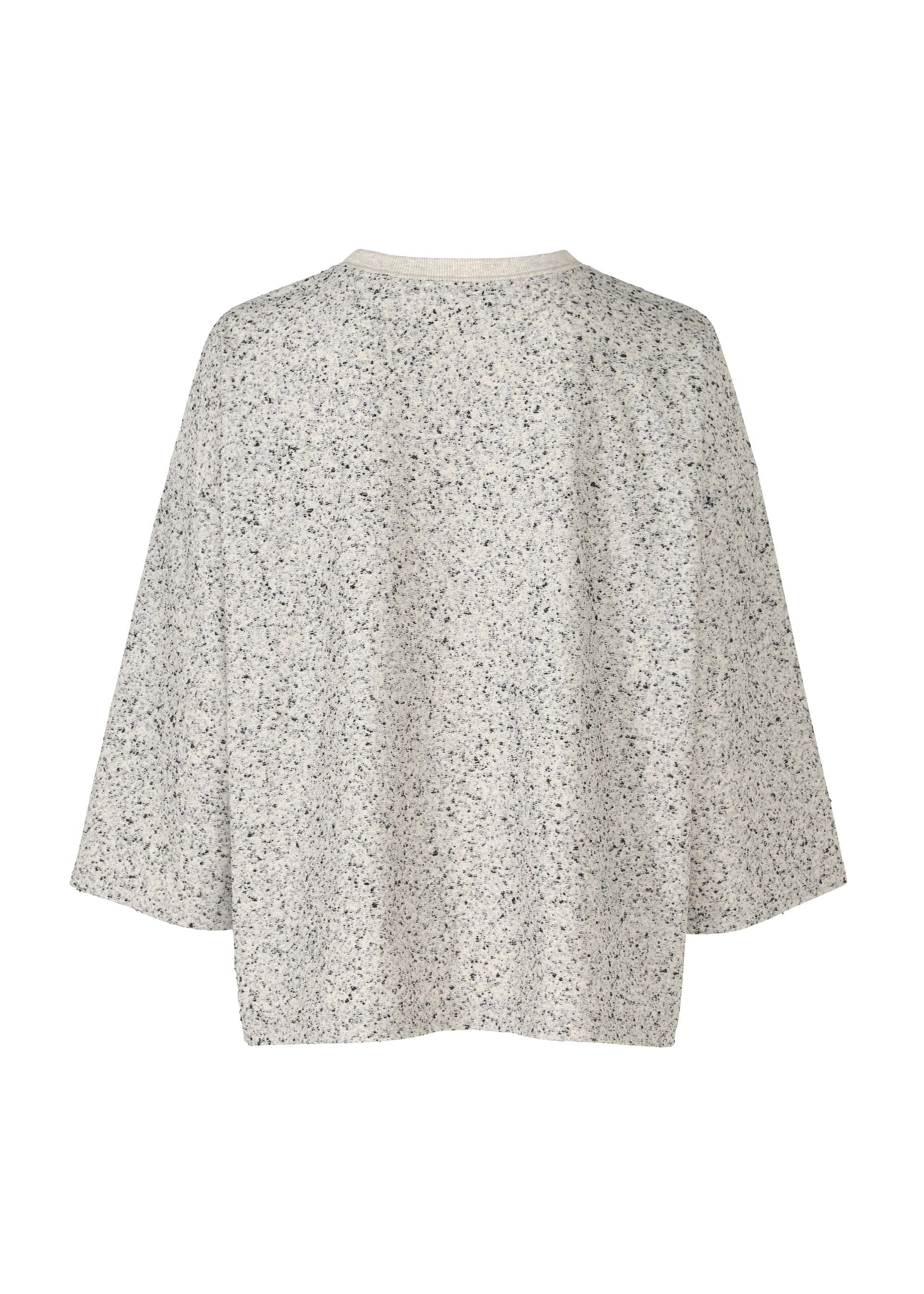 Zoomed view The REmeTEX NEP JERSEY by me ISSEY MIYAKE is a light gray speckled long-sleeve top, shown flat with a relaxed fit and round neckline, crafted from recycled polyester for eco-friendly style.