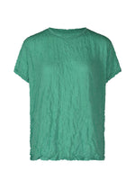 The MERINGUE T-SHIRT by me ISSEY MIYAKE is a short-sleeved, loose-fit green top with a crinkled, crushed finish and cotton-like feel, shown against a plain white background. - SAGE GREEN （no.61）