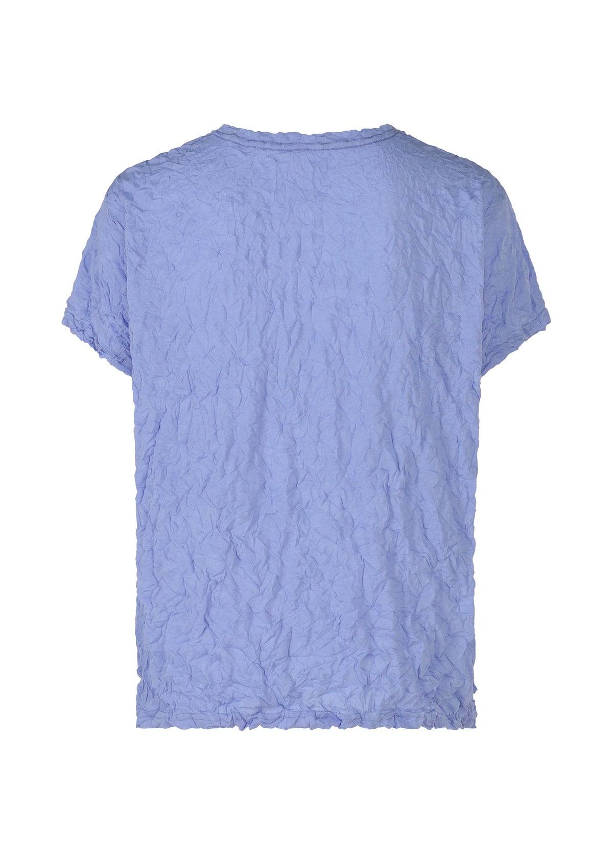 The ME ISSEY MIYAKE MERINGUE T-SHIRT is a light purple short-sleeve top with a cotton-like, crinkled textured finish, displayed from the back against a plain white background. view 6 of 9