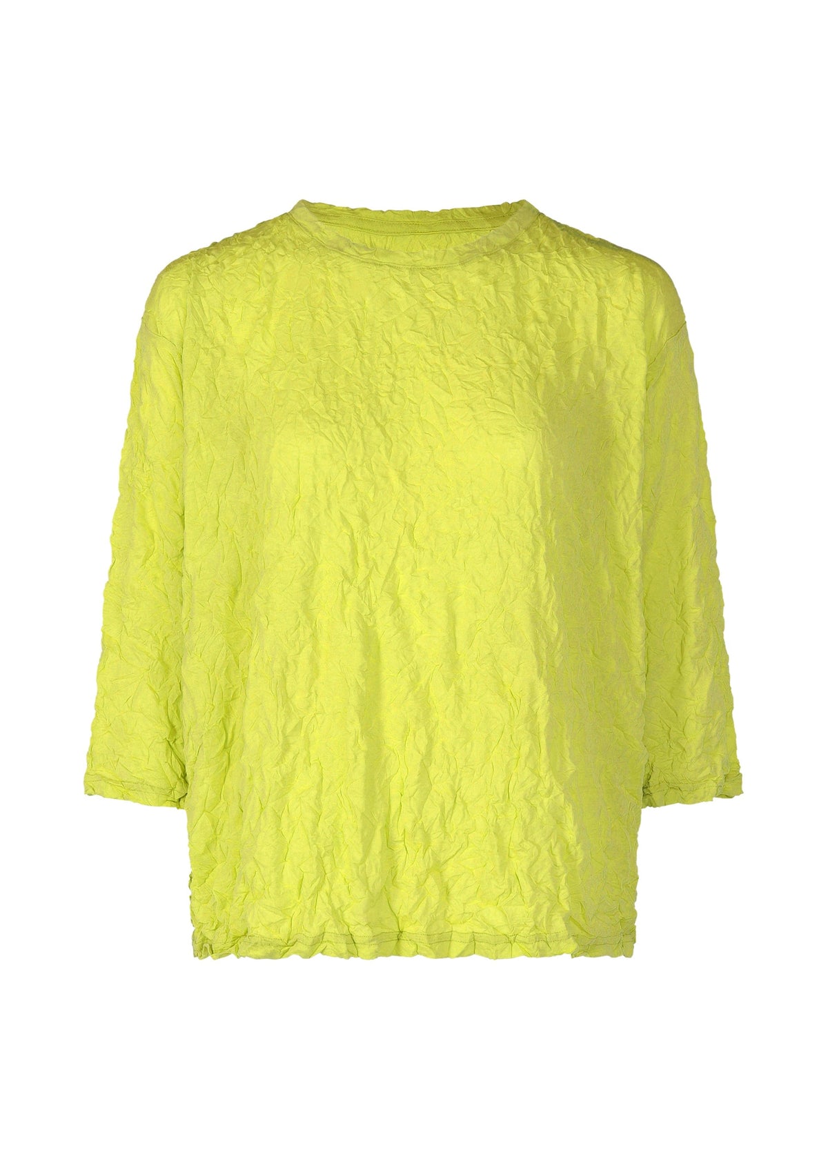 The MERINGUE T-SHIRT by me ISSEY MIYAKE features a relaxed, three-quarter sleeve design in yellow, crafted from textured polyester jersey with a crushed finish and round neckline—ideal for casual style. view 2 of 9