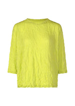 The MERINGUE T-SHIRT by me ISSEY MIYAKE features a relaxed, three-quarter sleeve design in yellow, crafted from textured polyester jersey with a crushed finish and round neckline—ideal for casual style. - LIME YELLOW （no.51）