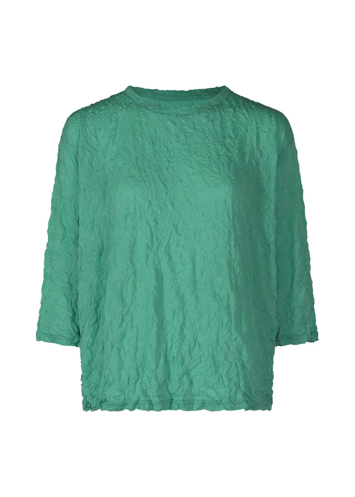 The MERINGUE T-SHIRT by me ISSEY MIYAKE is a green, crushed-finish top with a crinkled texture, crew neckline, long sleeves, and a loose fit. Made from soft polyester jersey and shown on a plain white background. view 3 of 9