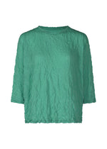 The MERINGUE T-SHIRT by me ISSEY MIYAKE is a green, crushed-finish top with a crinkled texture, crew neckline, long sleeves, and a loose fit. Made from soft polyester jersey and shown on a plain white background. - SAGE GREEN （no.61）