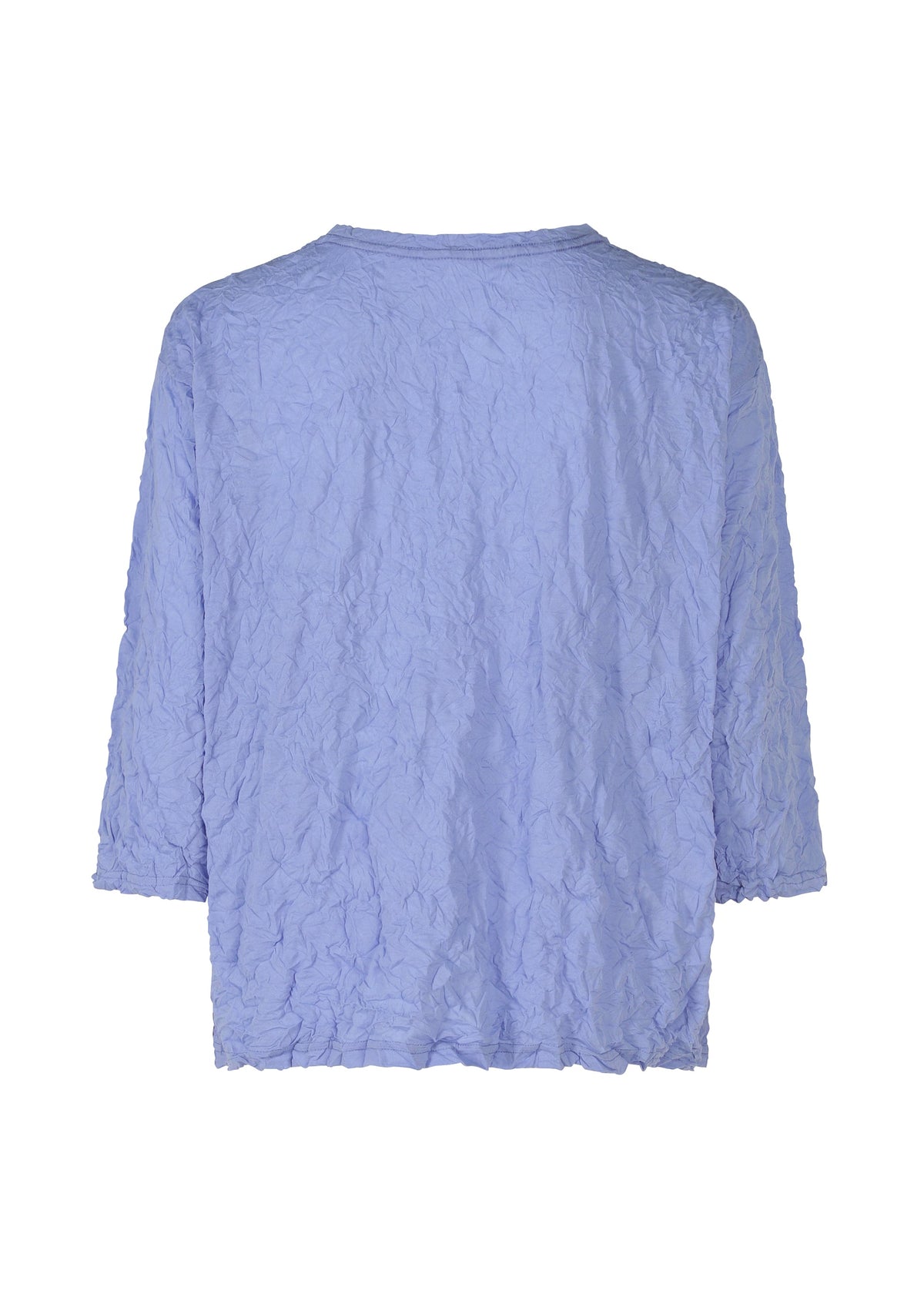 The MERINGUE T-SHIRT by me ISSEY MIYAKE is a light purple, crushed-finish top with a crinkled texture, loose fit, simple round neckline, and comfy three-quarter sleeves in soft polyester jersey. Shown from the back. view 6 of 9
