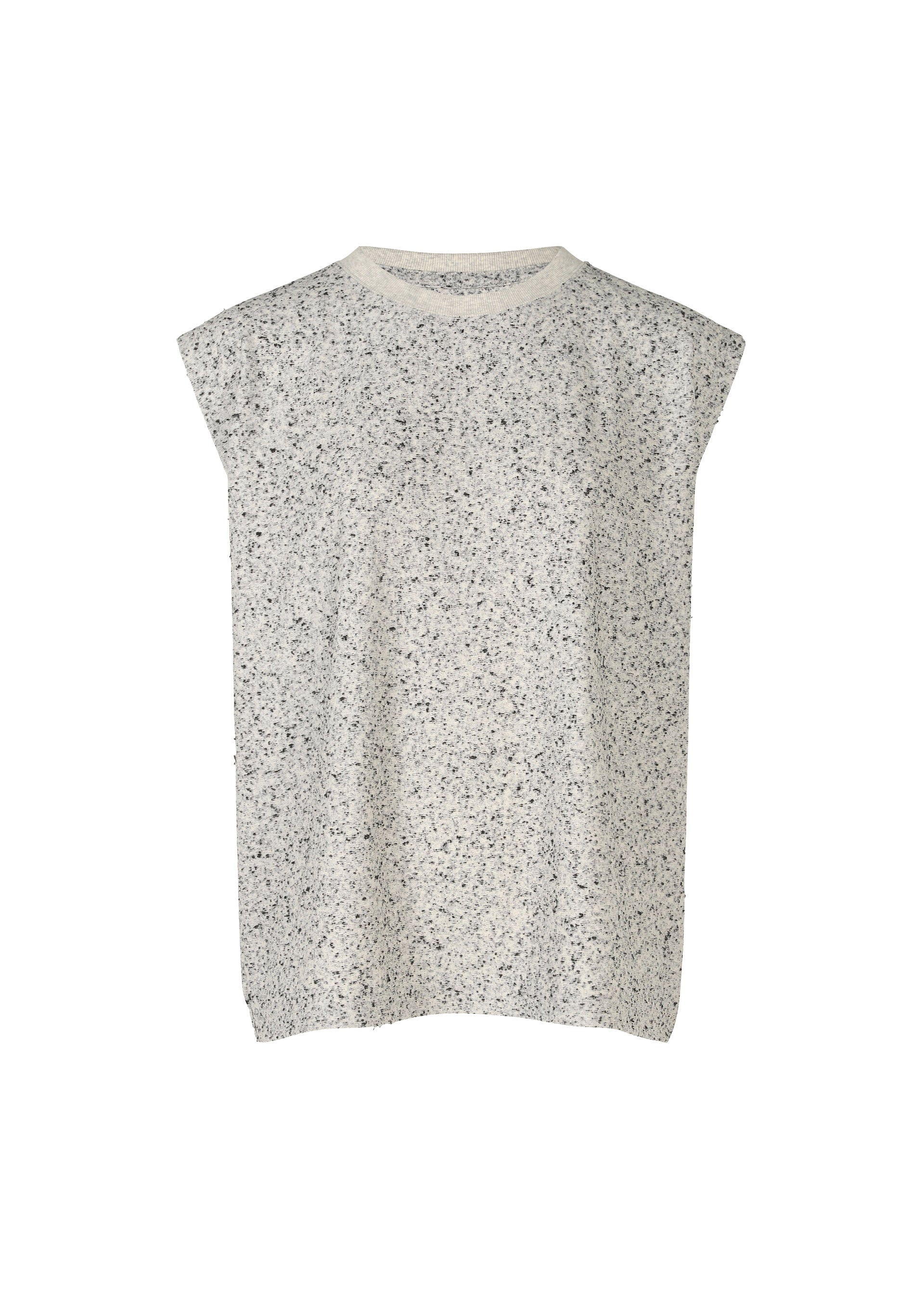 Zoomed view The REmeTEX NEP JERSEY by me ISSEY MIYAKE is a sleeveless light grey top featuring a ribbed crew neckline and black-and-white speckled pattern, made from recycled polyester and shown on a plain white background. - WHITE-HUED （no.09）