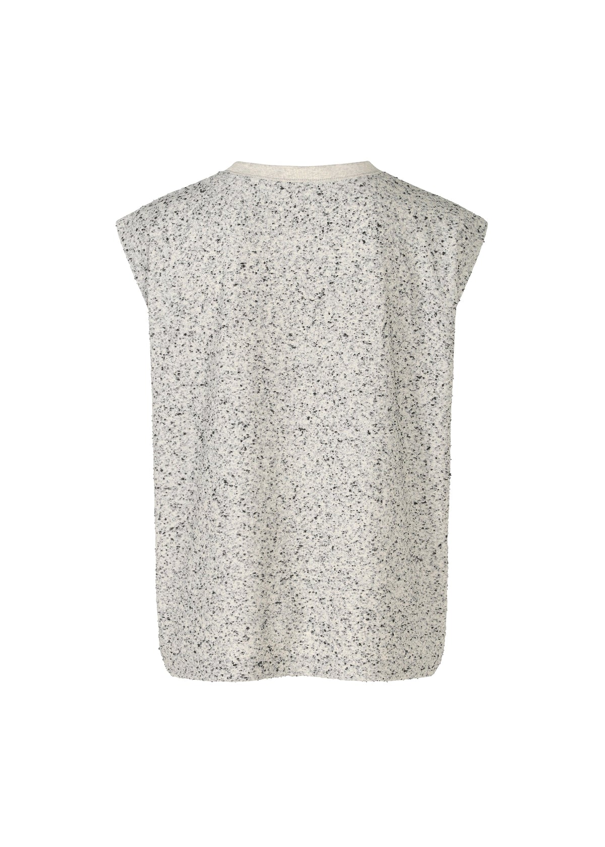 The REmeTEX NEP JERSEY by me ISSEY MIYAKE is a sleeveless light grey speckled knit top with a relaxed fit, simple round neckline, and made from recycled polyester, shown here from the back. view 2 of 5