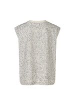 The REmeTEX NEP JERSEY by me ISSEY MIYAKE is a sleeveless light grey speckled knit top with a relaxed fit, simple round neckline, and made from recycled polyester, shown here from the back.