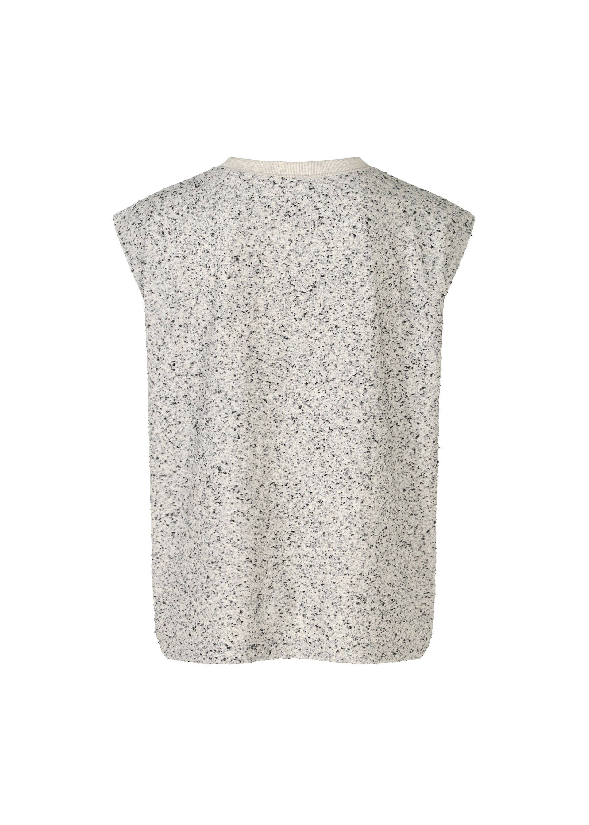Zoomed view The REmeTEX NEP JERSEY by me ISSEY MIYAKE is a sleeveless light grey speckled knit top with a relaxed fit, simple round neckline, and made from recycled polyester, shown here from the back.