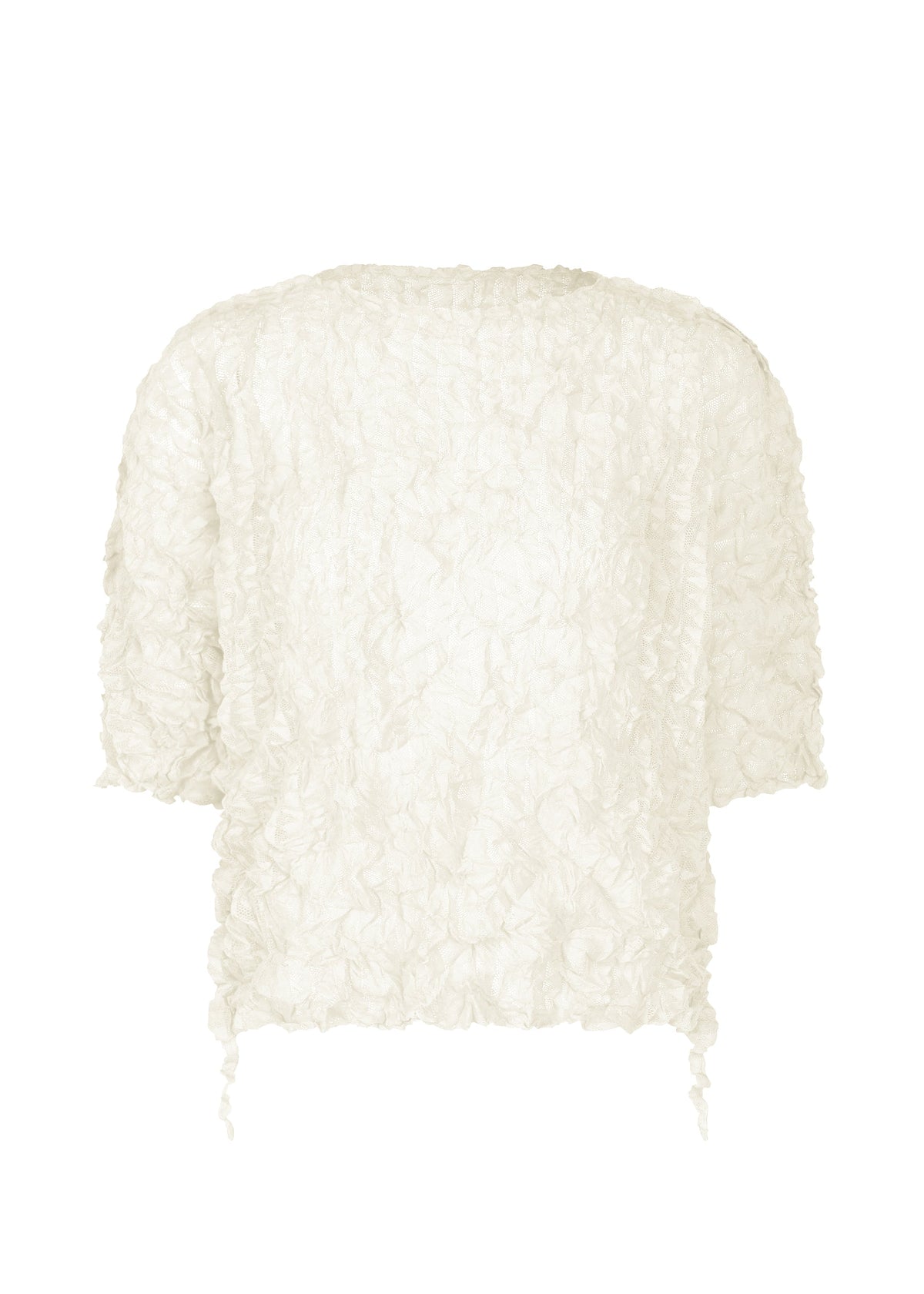 The KALEIDOSCOPE LACE MERINGUE by me ISSEY MIYAKE is an off-white, crushed pleat top featuring a crinkled ruffle design and drawstring short sleeves, shown from the back against a plain white background. view 1 of 10
