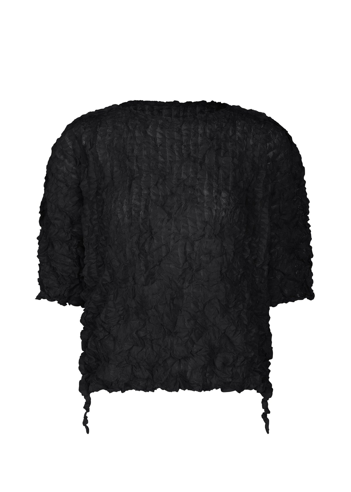 The KALEIDOSCOPE LACE MERINGUE by me ISSEY MIYAKE is a black crushed pleat top with half sleeves, a loose boxy fit, irregular tie details at the hemline, subtle drawstring sleeve accents, and a minimalist finish. view 2 of 10