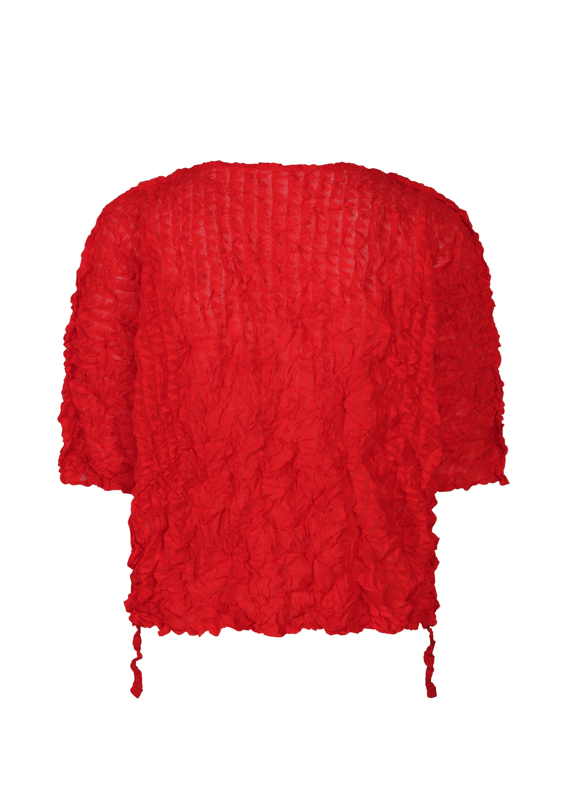 Zoomed view The KALEIDOSCOPE LACE MERINGUE top by me ISSEY MIYAKE is a bright red blouse with crushed pleats, ruched texture, short drawstring sleeves, a round neckline, and drawstrings at each side hem.