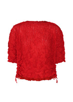 The KALEIDOSCOPE LACE MERINGUE by me ISSEY MIYAKE is a vibrant red, short sleeve blouse with crushed pleats, a round neck, ruched texture, and a drawstring waist-length hem for added charm.