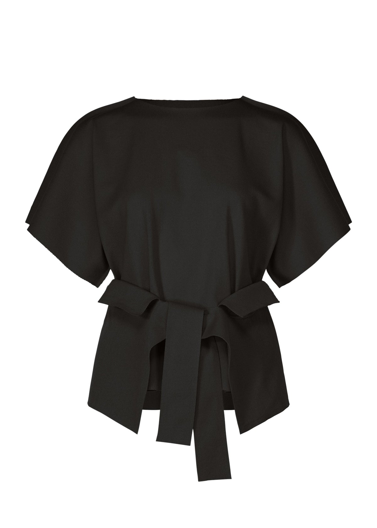 The FLAT JERSEY by me ISSEY MIYAKE is a black, loose-fit, short-sleeved top with wide sleeves and a large fabric belt tied in a bow at the waist, shown on a plain white background. view 1 of 8