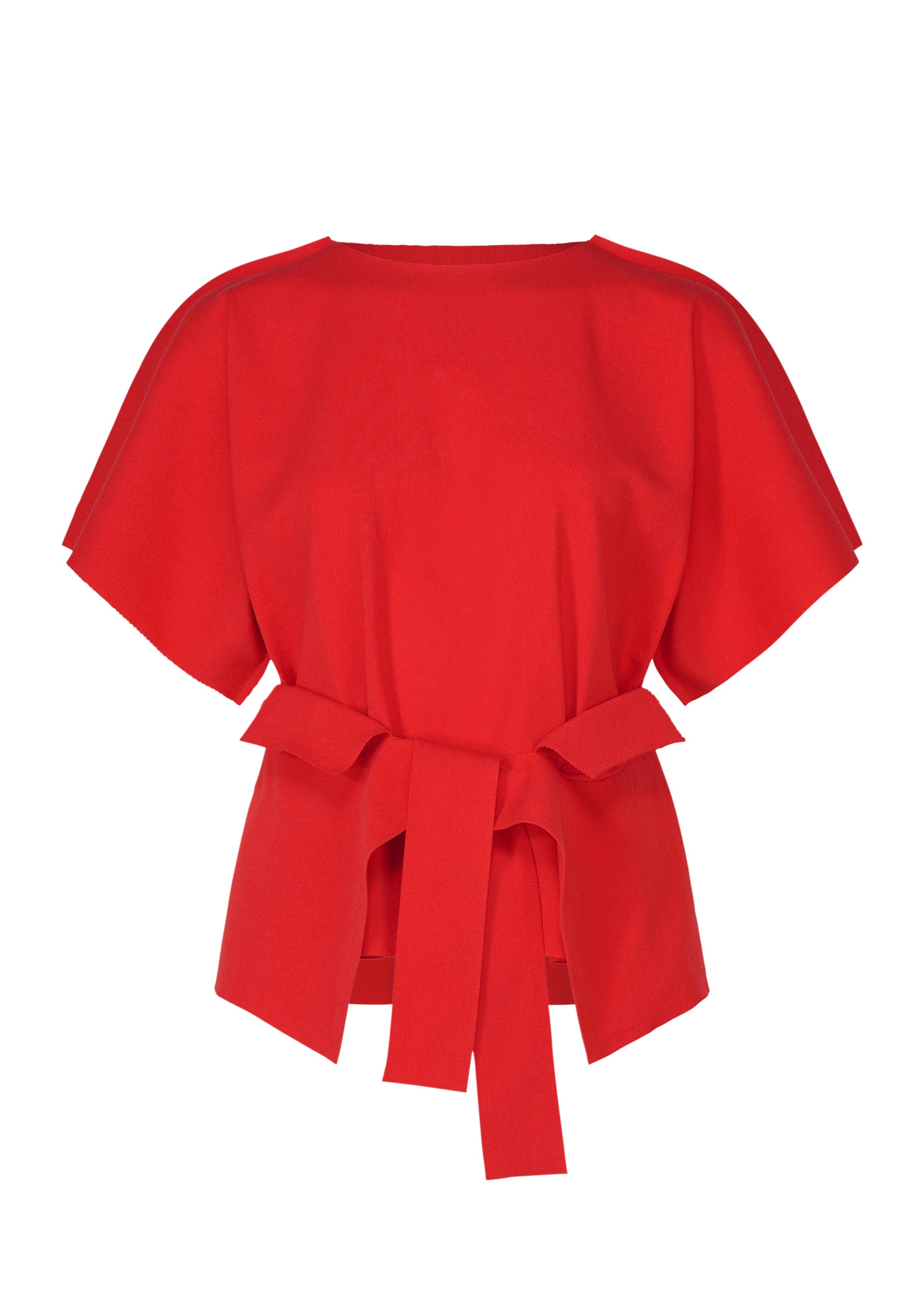 Zoomed view The FLAT JERSEY by me ISSEY MIYAKE is a bright red cotton-blend top with wide short sleeves, a boat neckline, and a large matching fabric belt tied at the waist for a stylish loose fit. - RED （no.24）