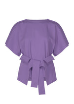 The FLAT JERSEY by me ISSEY MIYAKE is a short-sleeved, lavender cotton-blend top with a round neckline and wide, matching fabric belt tied at the waist. It offers a loose fit with soft, draped sleeves for relaxed comfort. - VIOLET （no.82）