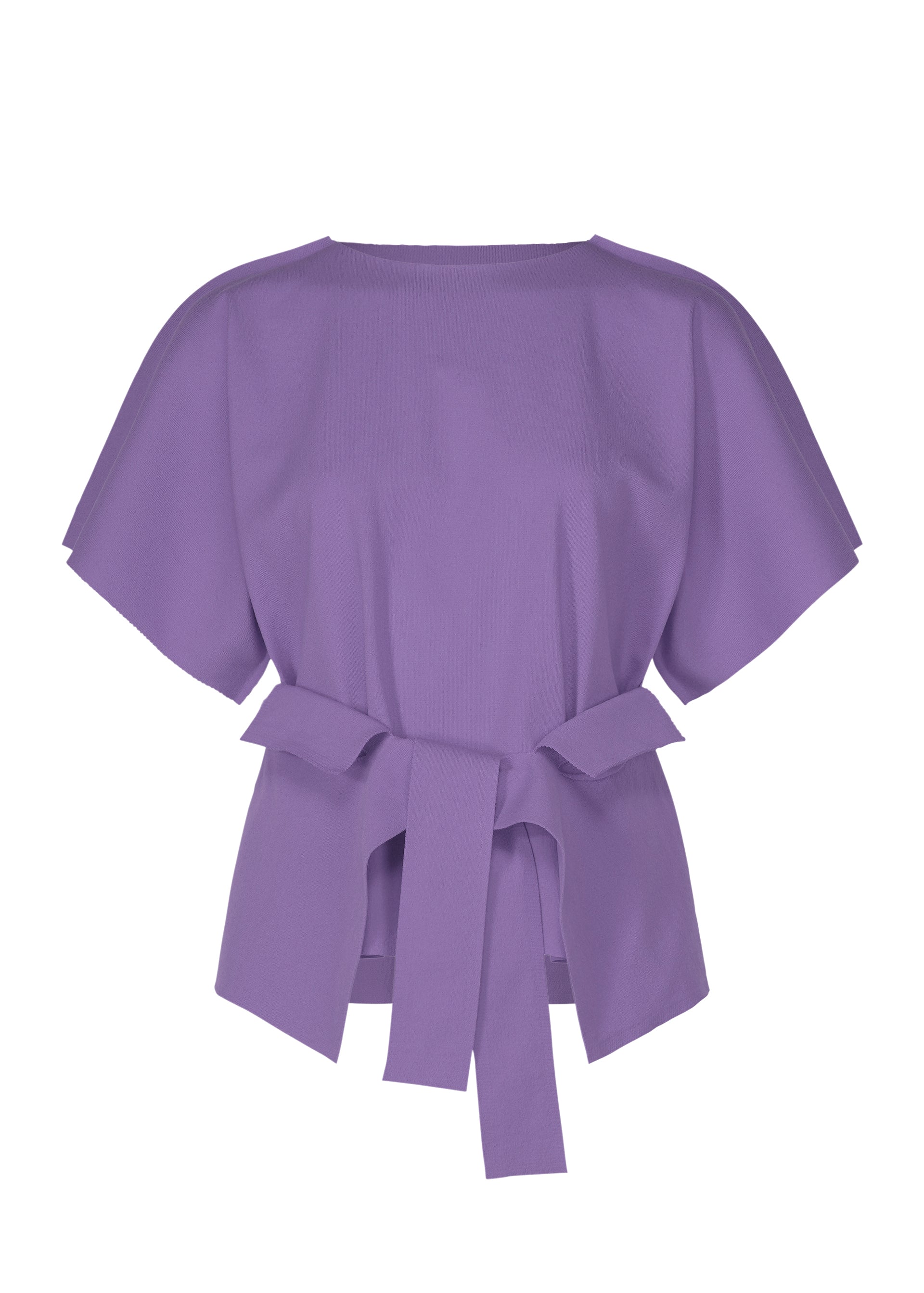 Zoomed view The FLAT JERSEY by me ISSEY MIYAKE is a short-sleeved, lavender cotton-blend top with a round neckline and wide, matching fabric belt tied at the waist. It offers a loose fit with soft, draped sleeves for relaxed comfort. - VIOLET （no.82）
