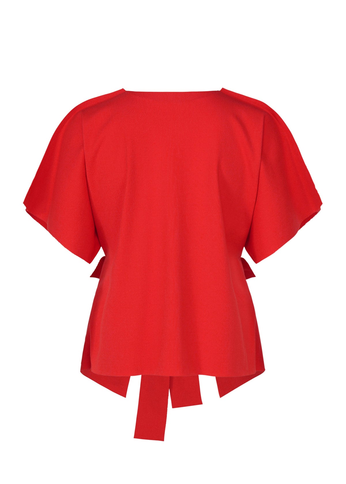 The FLAT JERSEY by me ISSEY MIYAKE is a red cotton-blend short-sleeve top with a wide neckline, loose fit, and decorative back fabric ties, shown on a plain white backdrop. view 4 of 8