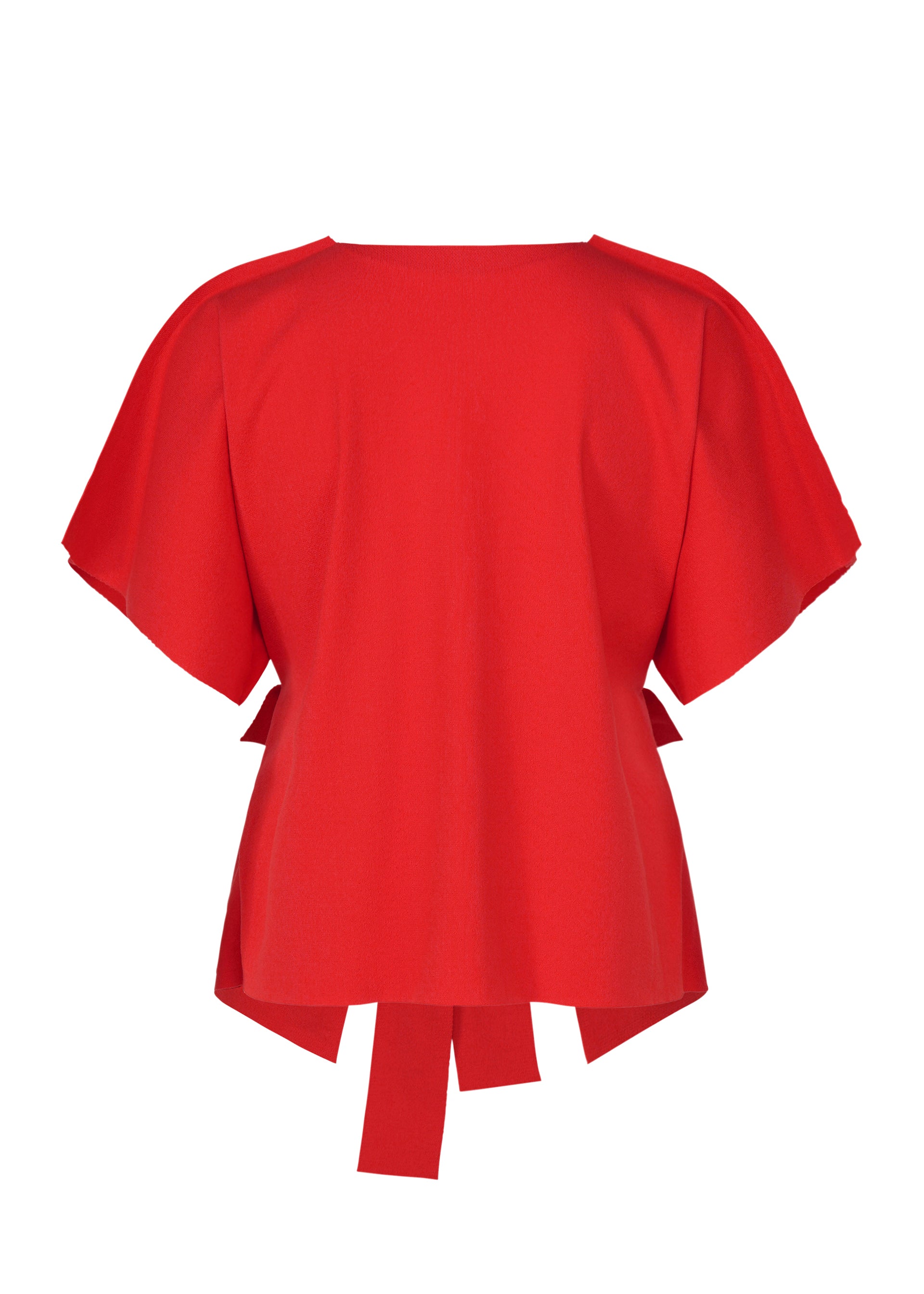 Zoomed view The FLAT JERSEY by me ISSEY MIYAKE is a red cotton-blend short-sleeve top with a wide neckline, loose fit, and decorative back fabric ties, shown on a plain white backdrop.