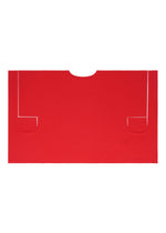 The FLAT JERSEY by me ISSEY MIYAKE is a red cotton-blend rectangular top with a semicircular notch at the neckline, two small U-shaped white-outlined pockets on the lower sides, and thin white square outlines near each pocket.
