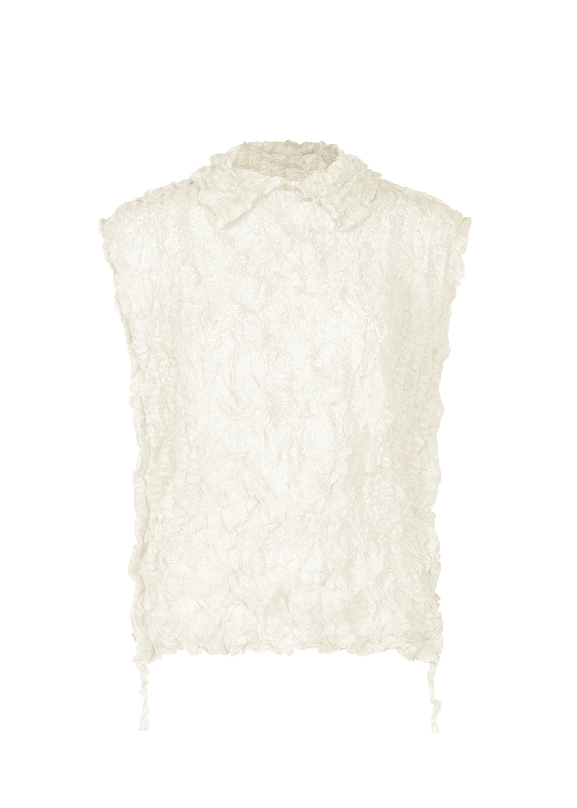 Zoomed view The KALEIDOSCOPE LACE MERINGUE by me ISSEY MIYAKE is an off-white sleeveless top with a crushed pleat texture, high neckline, subtle collar, and adjustable hem drawstrings. - WHITE （no.01）