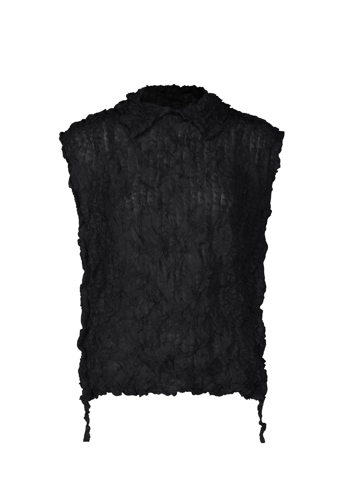 The KALEIDOSCOPE LACE MERINGUE by me ISSEY MIYAKE is a sleeveless black crushed pleat blouse featuring a subtle collar and two drawstring ties at the hem, shown against a plain white background. view 2 of 10