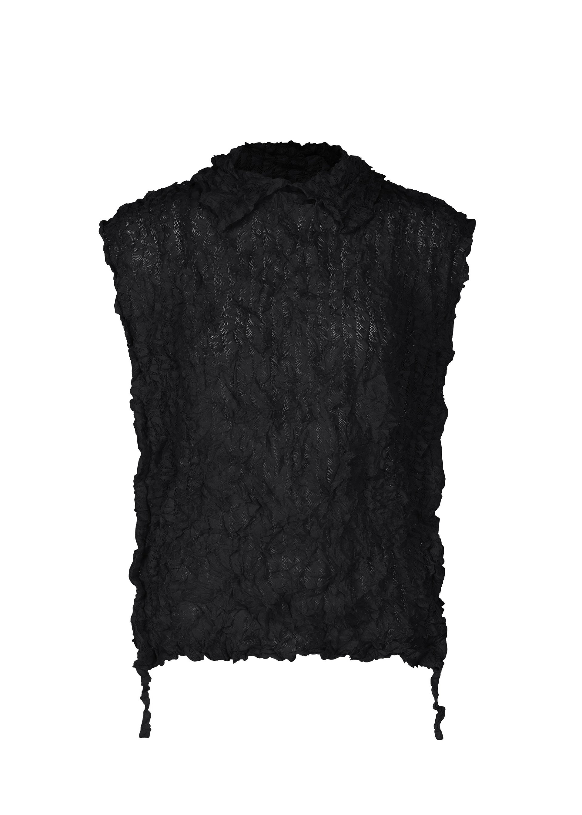 Zoomed view The KALEIDOSCOPE LACE MERINGUE by me ISSEY MIYAKE is a sleeveless black crushed pleat blouse featuring a subtle collar and two drawstring ties at the hem, shown against a plain white background. - BLACK （no.15）