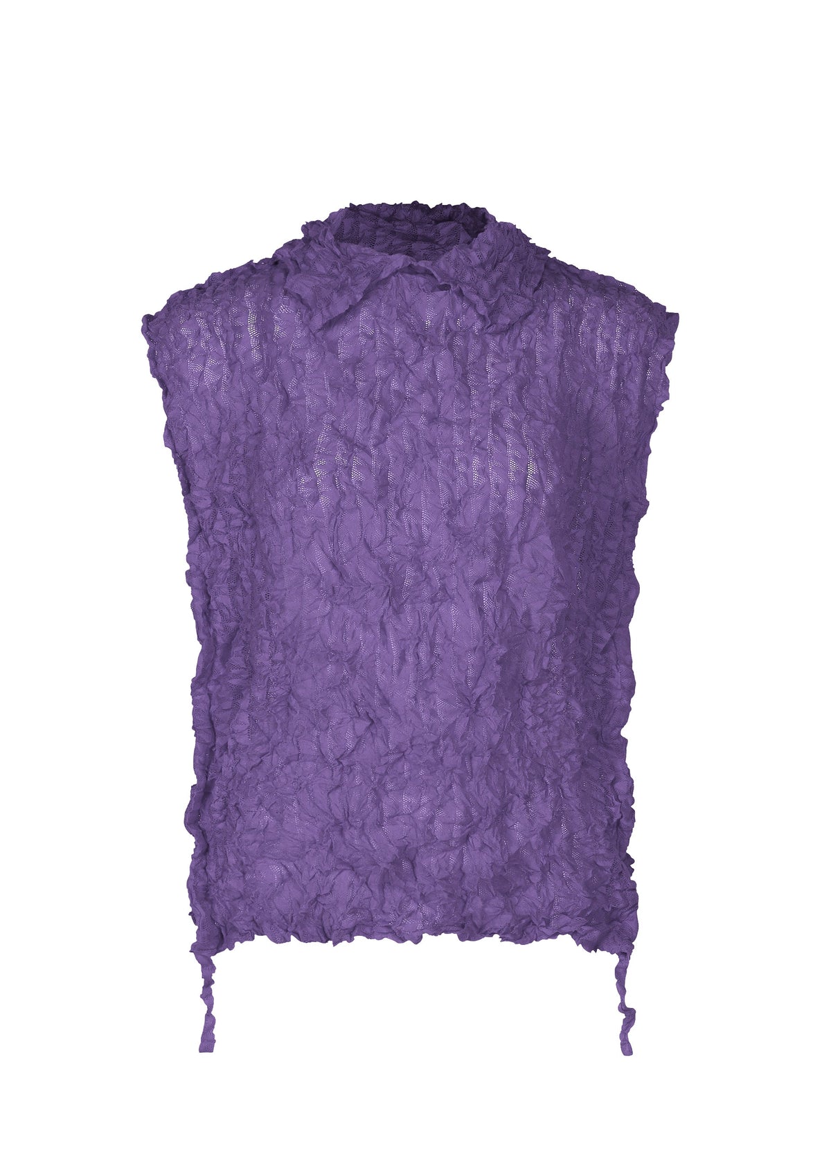 The KALEIDOSCOPE LACE MERINGUE by me ISSEY MIYAKE is a sleeveless, textured purple blouse featuring crushed pleat fabric, a collar, and adjustable hem drawstrings. view 4 of 10