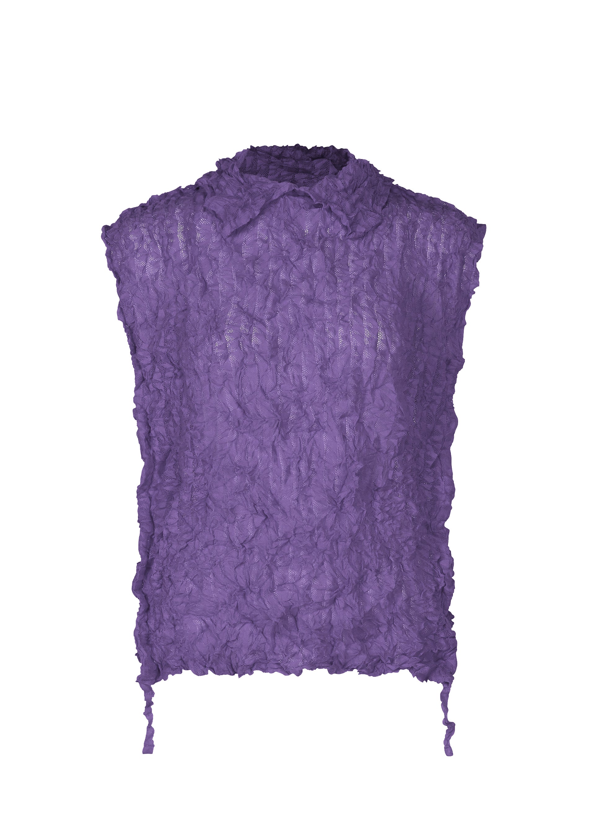 Zoomed view The KALEIDOSCOPE LACE MERINGUE by me ISSEY MIYAKE is a sleeveless, textured purple blouse featuring crushed pleat fabric, a collar, and adjustable hem drawstrings. - VIOLET （no.82）