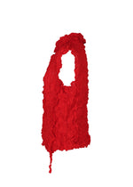The KALEIDOSCOPE LACE MERINGUE sleeveless top by me ISSEY MIYAKE features a bright red, high neck design with ruffled crushed pleats, shown against a plain white background.