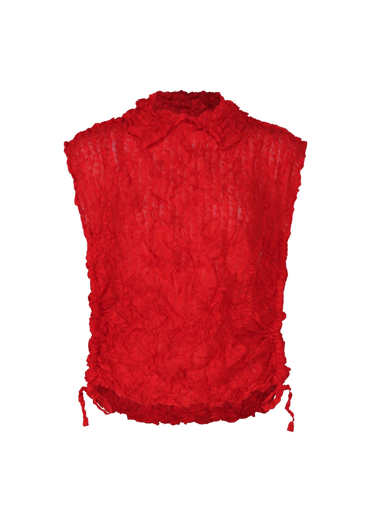 The KALEIDOSCOPE LACE MERINGUE by me ISSEY MIYAKE is a sleeveless, textured red top featuring a crushed pleat effect, high neckline, and adjustable drawstrings at the hem for a flattering fit. view 7 of 10