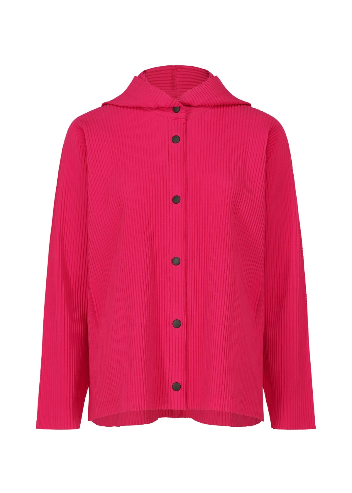 The FINE KNIT PLEATS COLOR 1 by me ISSEY MIYAKE is a lightweight, long-sleeved hoodie in bright pink with a pleated texture, black front buttons, a hood, and a relaxed fit. view 2 of 9