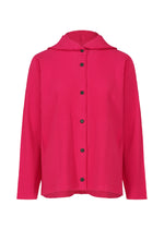 The FINE KNIT PLEATS COLOR 1 by me ISSEY MIYAKE is a lightweight, long-sleeved hoodie in bright pink with a pleated texture, black front buttons, a hood, and a relaxed fit. - RASPBERRY （no.23）