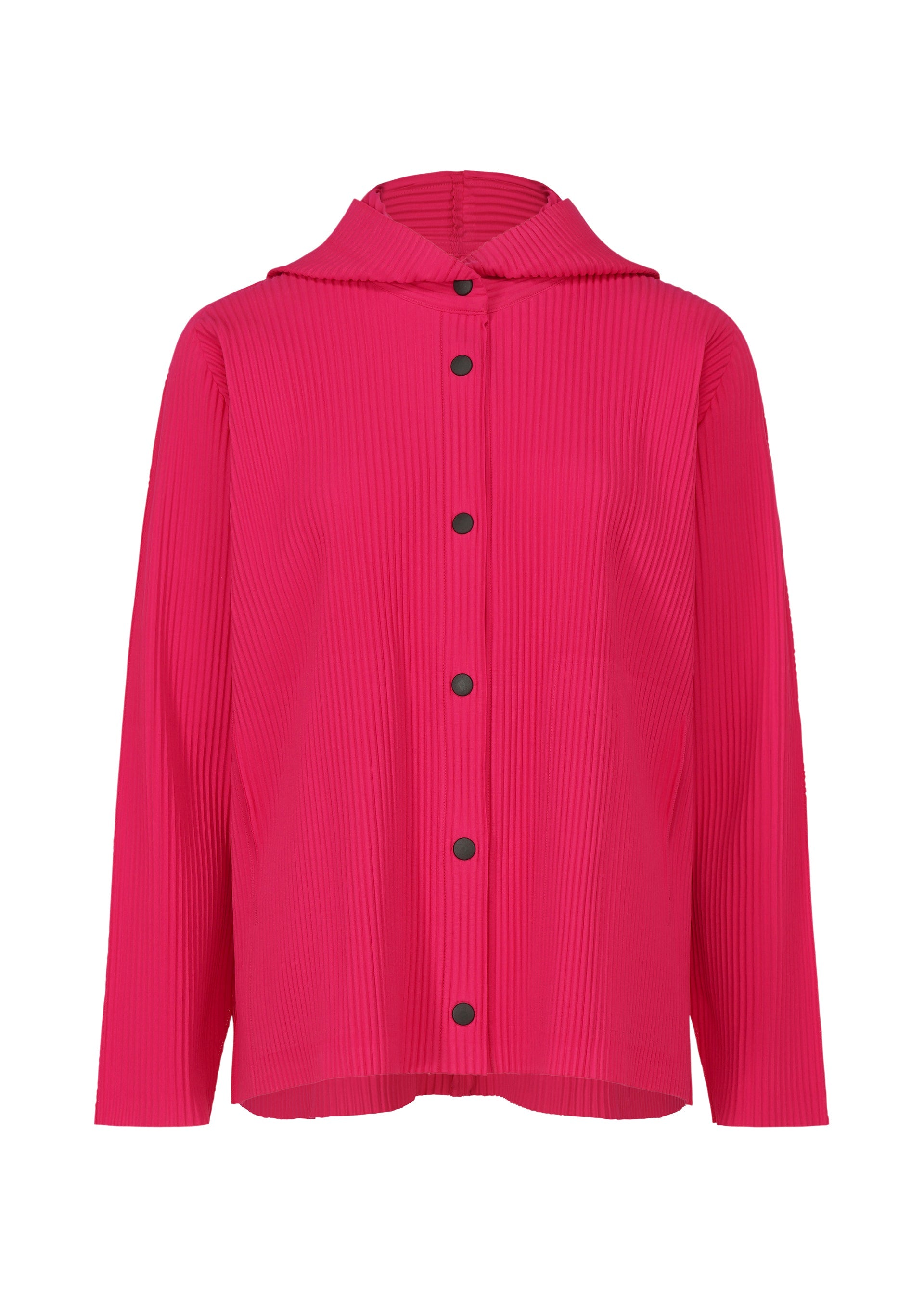 Zoomed view The FINE KNIT PLEATS COLOR 1 by me ISSEY MIYAKE is a lightweight, long-sleeved hoodie in bright pink with a pleated texture, black front buttons, a hood, and a relaxed fit. - RASPBERRY （no.23）