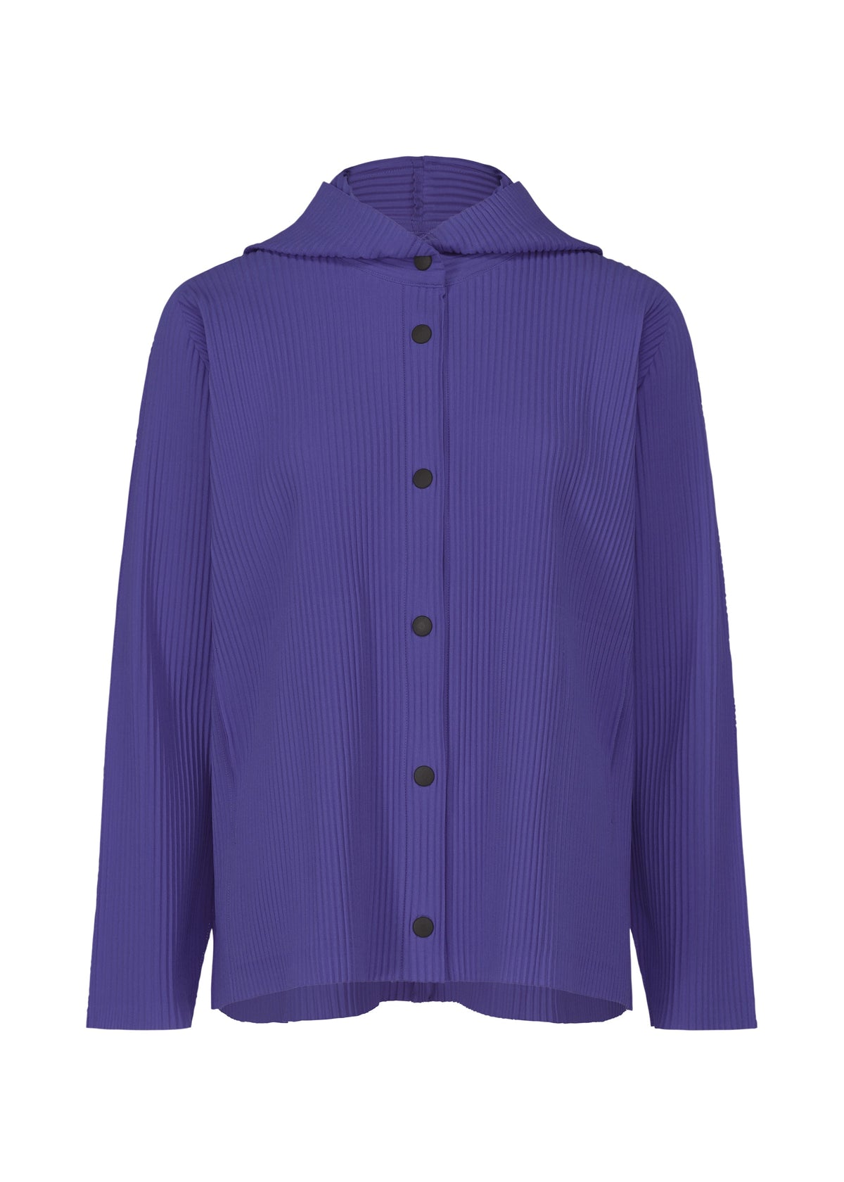 The FINE KNIT PLEATS COLOR 1 by me ISSEY MIYAKE is a solid purple, long-sleeve, hooded shirt with black buttons, crafted from pleated knit fabric. view 3 of 9