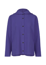 The FINE KNIT PLEATS COLOR 1 by me ISSEY MIYAKE is a solid purple, long-sleeve, hooded shirt with black buttons, crafted from pleated knit fabric. - COBALT BLUE （no.74）